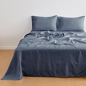 100% Pure European Flax Linen Sheet Set - 4 Pc Full Size Bed Sheets - Breathable for Hot Sleepers and Durable Bedding Set - 1 Flat Sheet, 1 Fitted Sheet, 2 Pillowcases (Full, Slate)