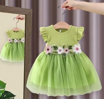 Children's Dress Summer Baby Girl Little Flying Sleeve Top Splicing Mesh Waist Flower Embroidered Princess Dress