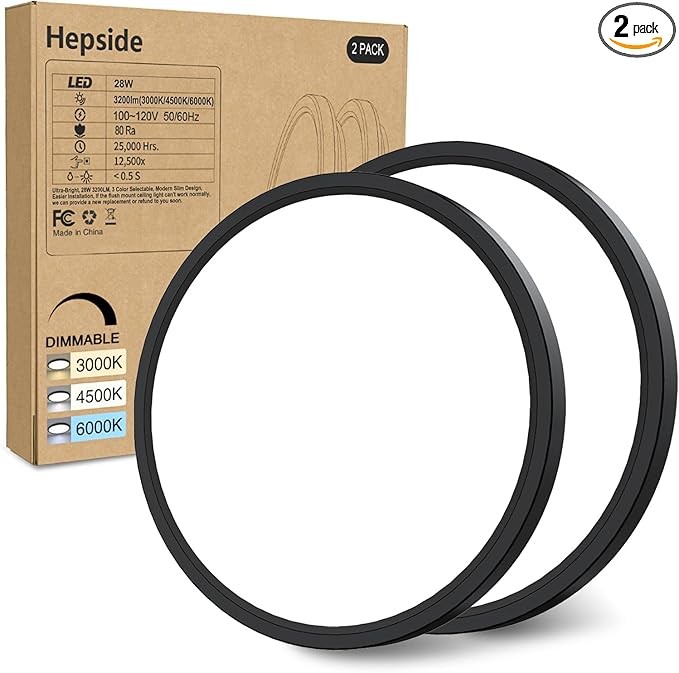 2PACK Flush Mount LED Ceiling Light Fixture Black, 12Inch 28Watt, Dimmable & 3000K-4500K-6000K 3 Color Selectable Ceiling Lamp 3200LM Low Profile Ceiling Light for Kitchen Bedroom Hallway Porch