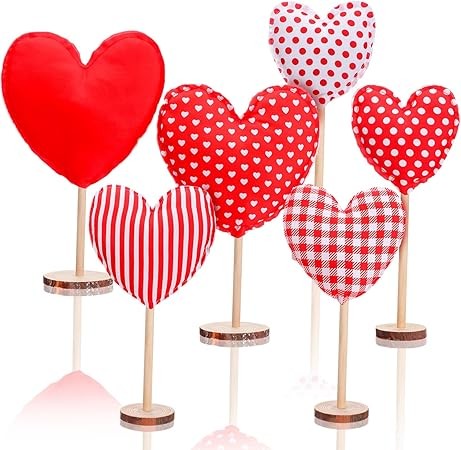 Suzile 6 Pcs Valentine's Day Heart Decorative Heart Table Centerpiece Decor Tall Wood Sign Farmhouse Standing Felt Ornaments for Home Bedroom Wedding Party Decoration(Heart)