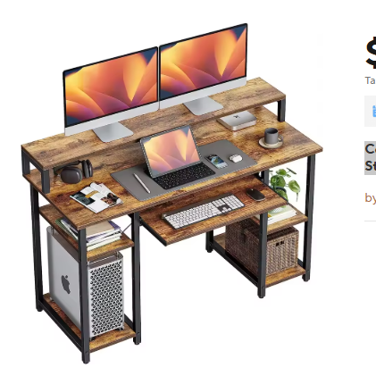 Computer Desk with Keyboard Tray, 47 Inch Office Desk with Monitor Stand and Storage Shelves, Music Studio Desk Workstation