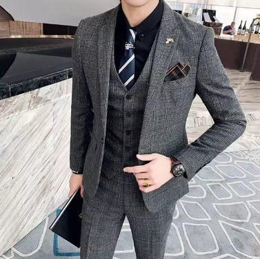 S-6XL ( Blazer + Vest + Pants ) Brand Men's Formal Business Suit Three-piece Set Groom Wedding Party Dress Solid Color Plaid