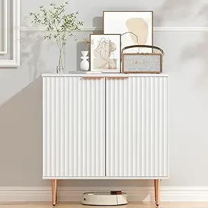 EOYUTLLY White Fluted Buffet Storage Cabinet,Wood Sideboard Buffet Cabinet with Adjustable Shelf & Rose Gold Colored Metal Legs, Accent Cabinet for Living Room,Kitchen, Assemble Easily