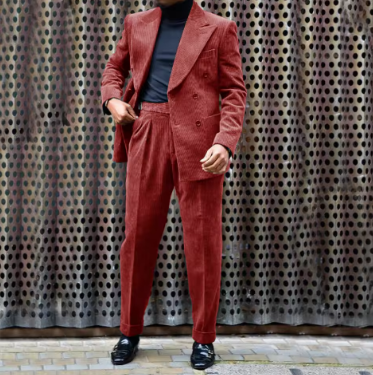 Men's Corduroy Suit Double Breasted Gun Lapel 2 Piece Jacket + Pants Best Party Casual Men's Wedding Outfit Full Suit
