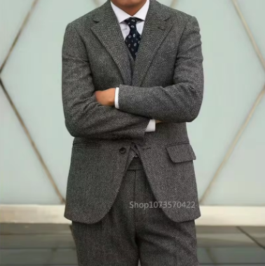 3 Piece Set Grey Herringbone Tweed Men Suits Formal Notch Lapel Male Suit Slim Elegant Wedding Groom Business Casual Suit