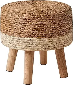YMYNY Foot Stool Natural Seagrass Hand Weave, 12.6" Small Ottoman, Round Footrest for Living Room, Bedroom, Entryway, Change Shoes Stool, Non-Skid Wood Legs, Boho, Natural+White, UHBD027W