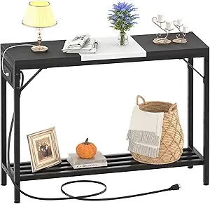 Narrow Console Table with Power Strips, Sofa Table with Storage Shelves for Living Room, 2-Tier Foyer Table for Entryway, Hallway, Behind Couch, Kitchen Counter, 39'', Black & White